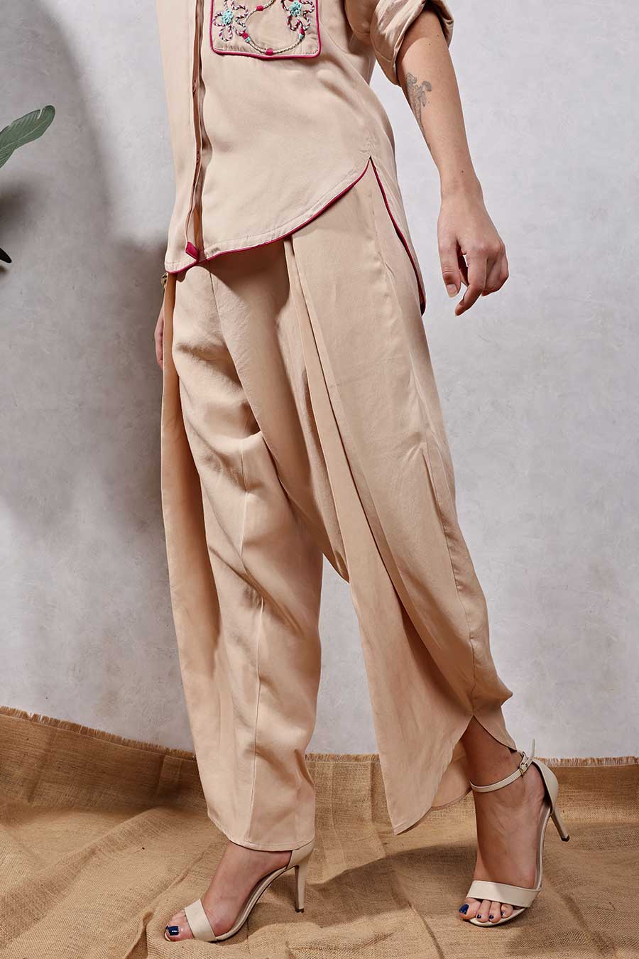 Beige Jute Embroidered Shirt & Drape Pant Co-Ord Set