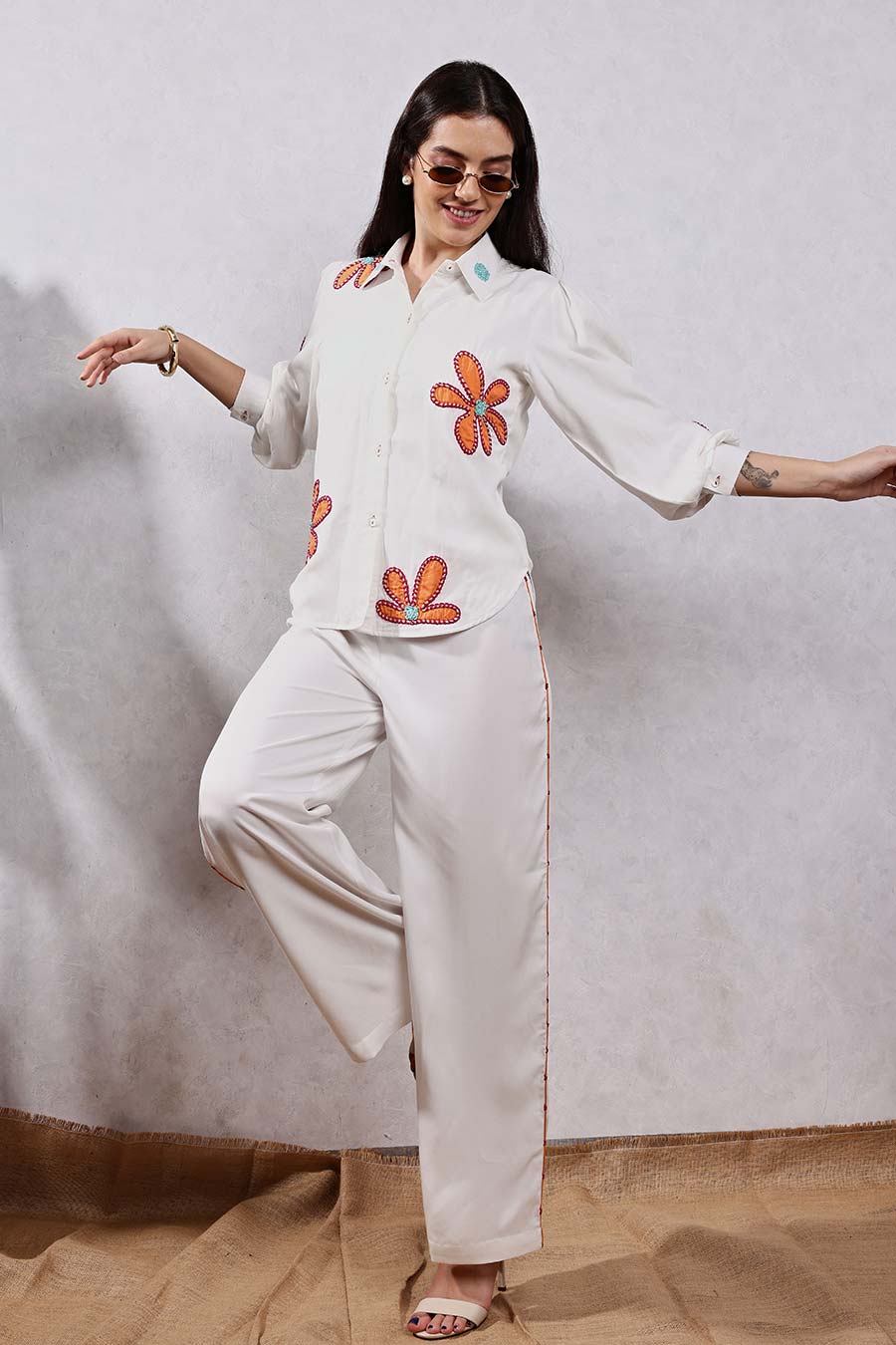 White Flower Applique Shirt & Pant Co-Ord Set