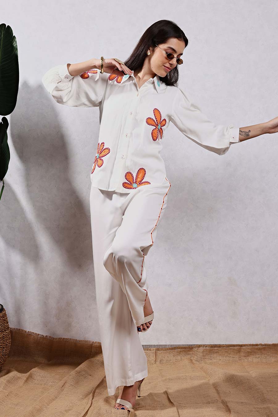 White Flower Applique Shirt & Pant Co-Ord Set