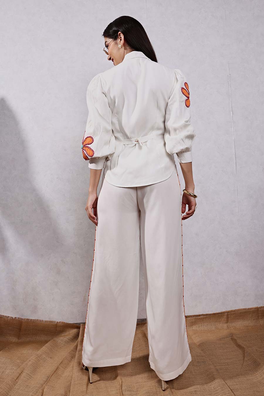 White Flower Applique Shirt & Pant Co-Ord Set