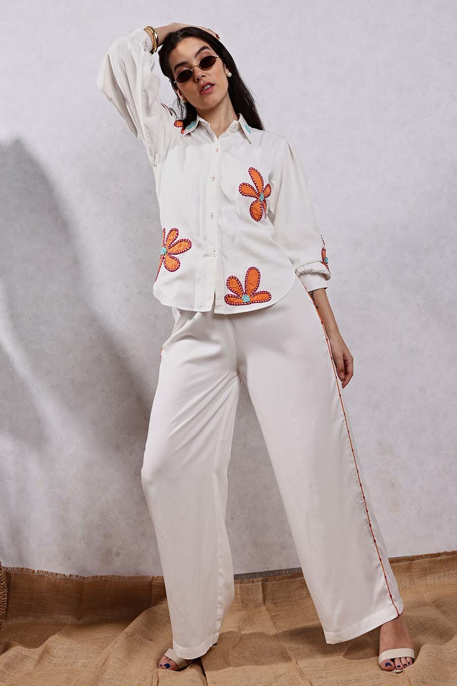 White Flower Applique Shirt & Pant Co-Ord Set