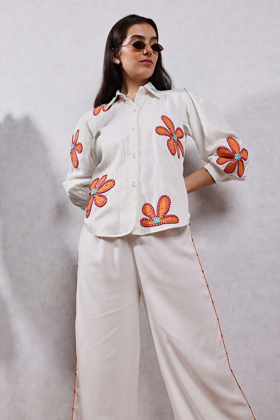 White Flower Applique Shirt & Pant Co-Ord Set