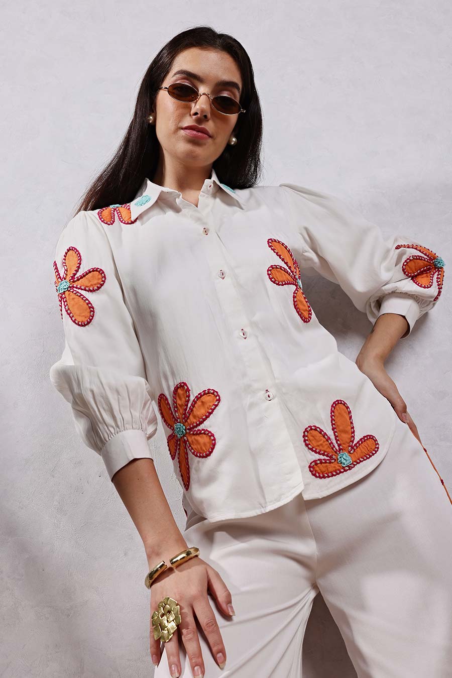 White Flower Applique Shirt & Pant Co-Ord Set