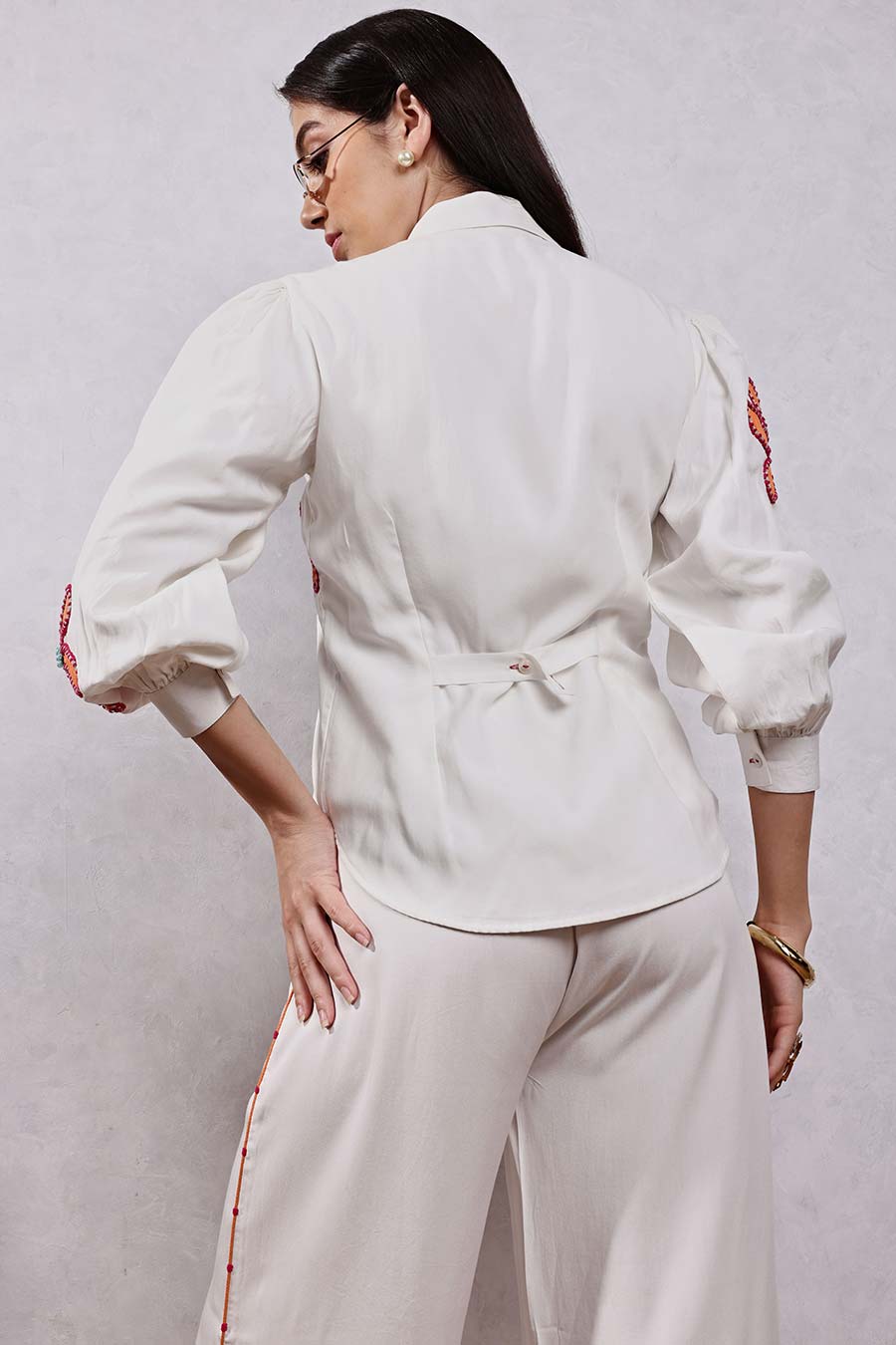 White Flower Applique Shirt & Pant Co-Ord Set