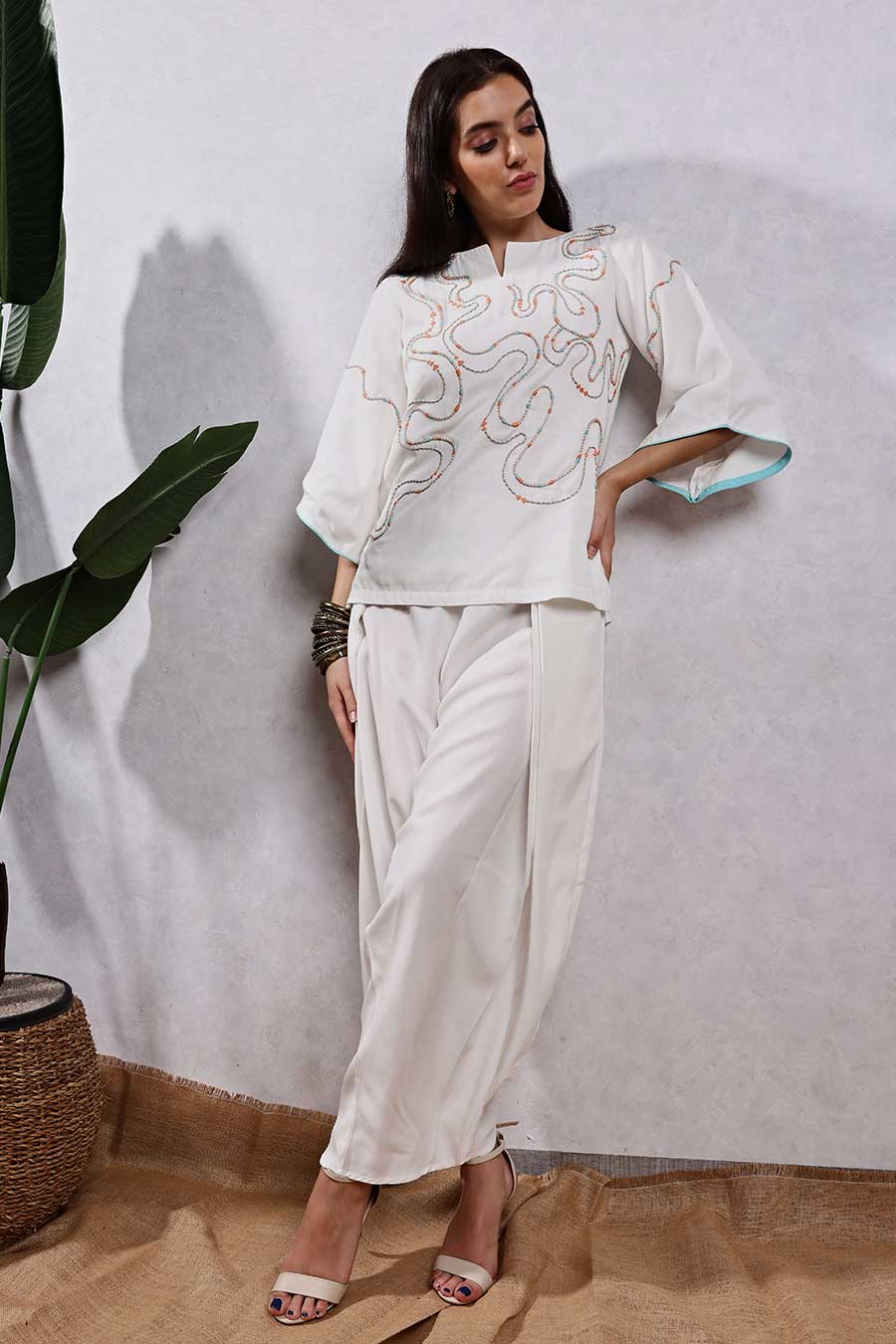 White Jute Embroidered Top & Drape Pant Co-Ord Set