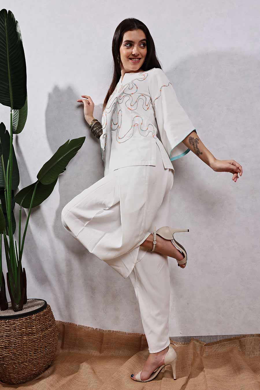 White Jute Embroidered Top & Drape Pant Co-Ord Set