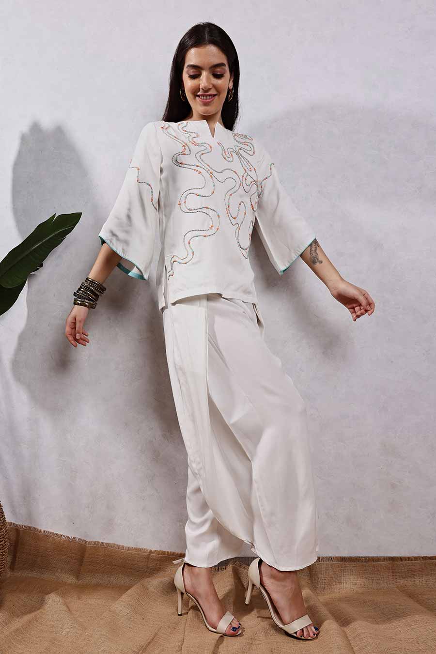 White Jute Embroidered Top & Drape Pant Co-Ord Set