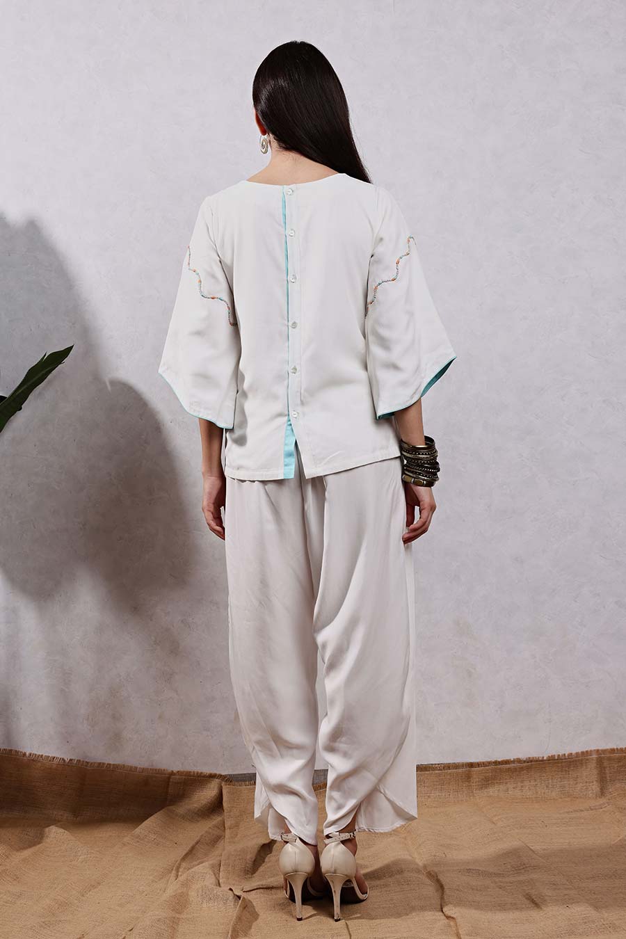 White Jute Embroidered Top & Drape Pant Co-Ord Set