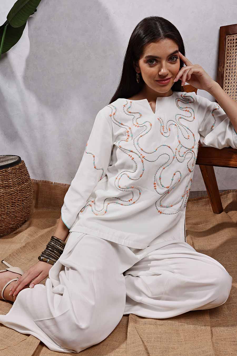White Jute Embroidered Top & Drape Pant Co-Ord Set