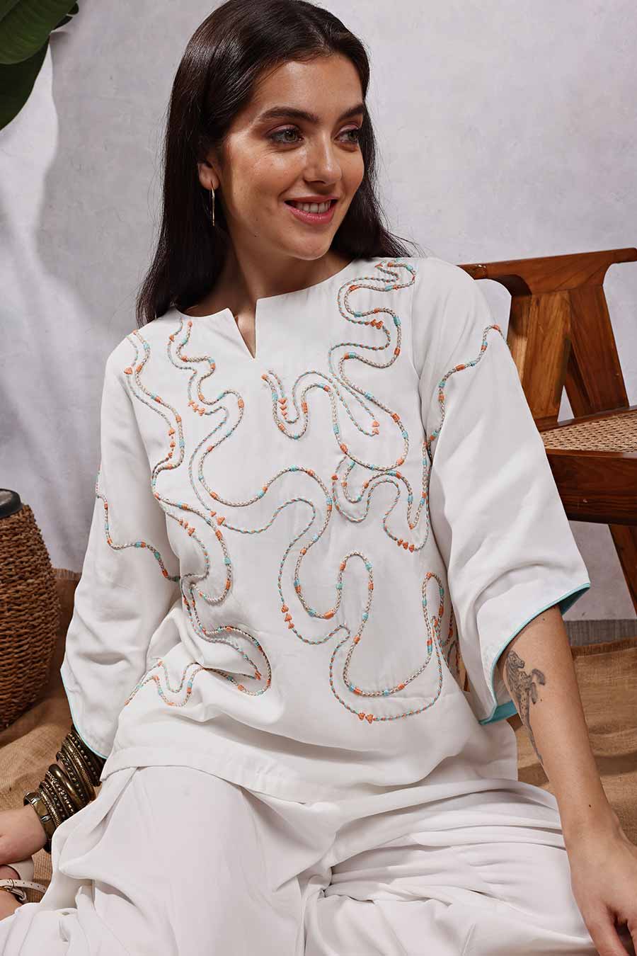 White Jute Embroidered Top & Drape Pant Co-Ord Set