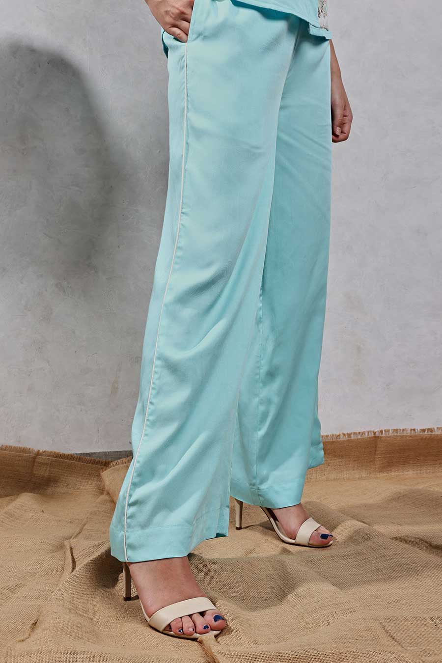 Blue Flower Applique Shirt & Pant Co-Ord Set