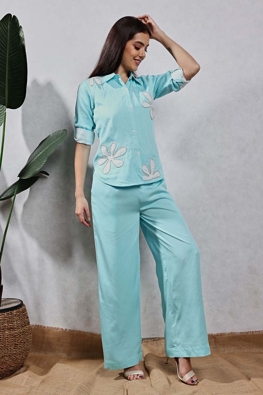 Blue Flower Applique Shirt & Pant Co-Ord Set