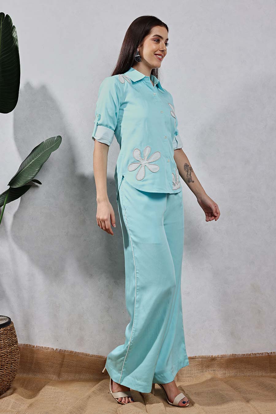 Blue Flower Applique Shirt & Pant Co-Ord Set