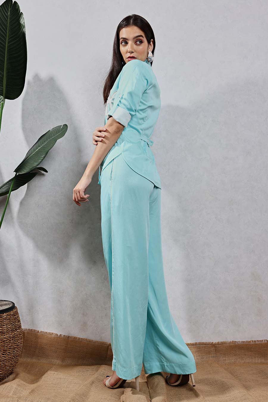 Blue Flower Applique Shirt & Pant Co-Ord Set