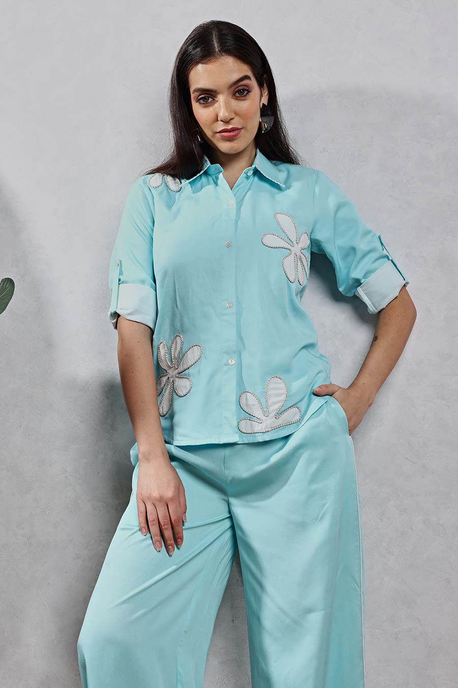 Blue Flower Applique Shirt & Pant Co-Ord Set