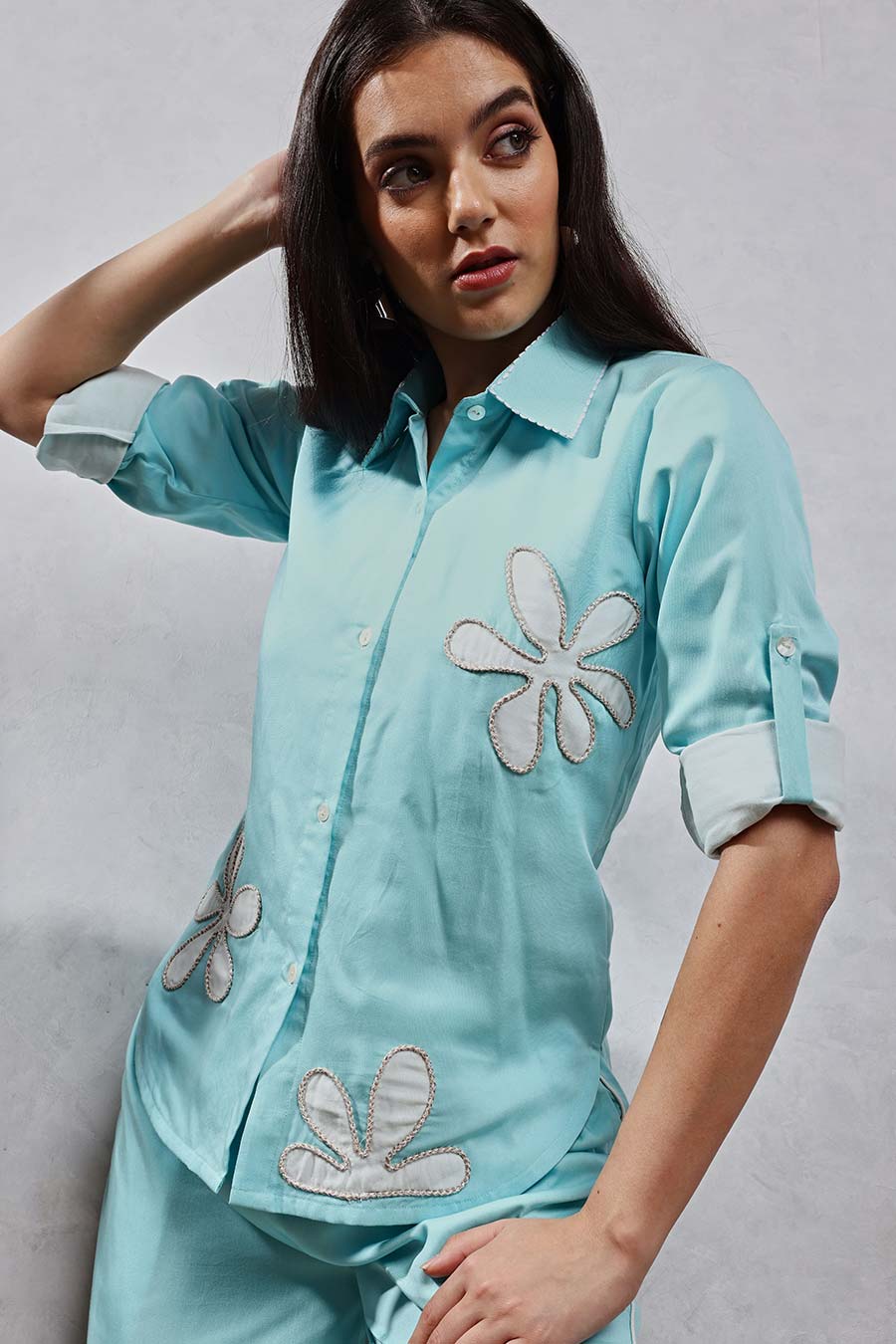 Blue Flower Applique Shirt & Pant Co-Ord Set