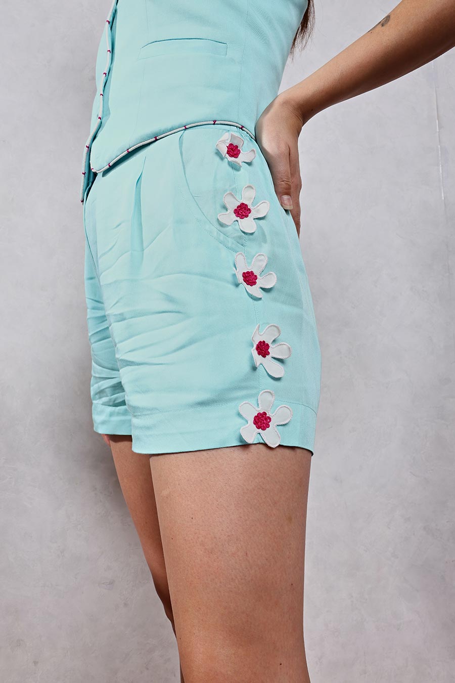 Blue Top & 3D Flowers Shorts Co-Ord Set