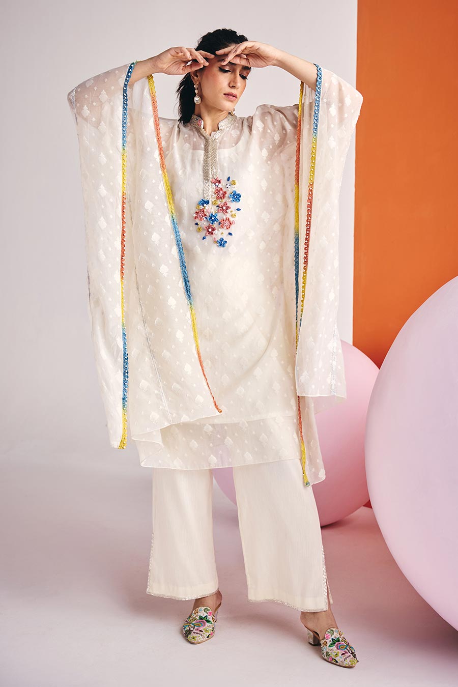 Ivory Jacquard Embroidered Kaftan Kurta & Pant Set