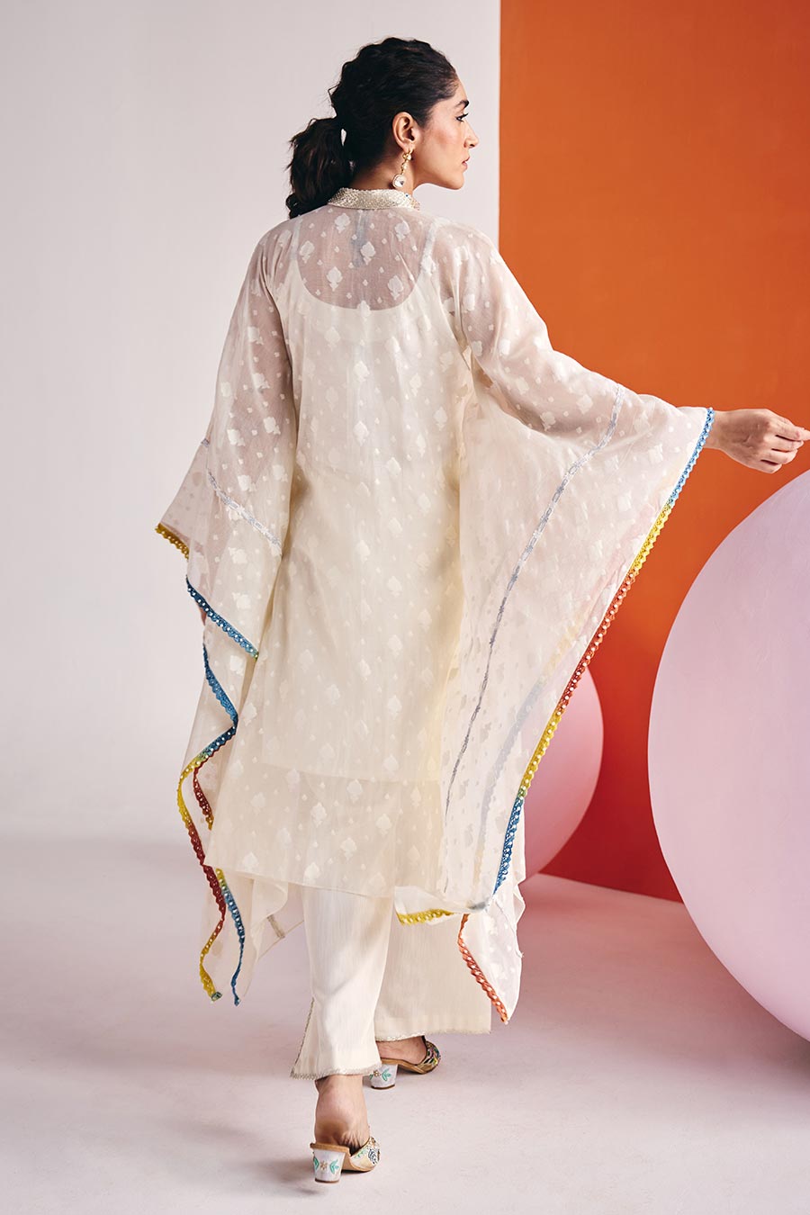 Ivory Jacquard Embroidered Kaftan Kurta & Pant Set