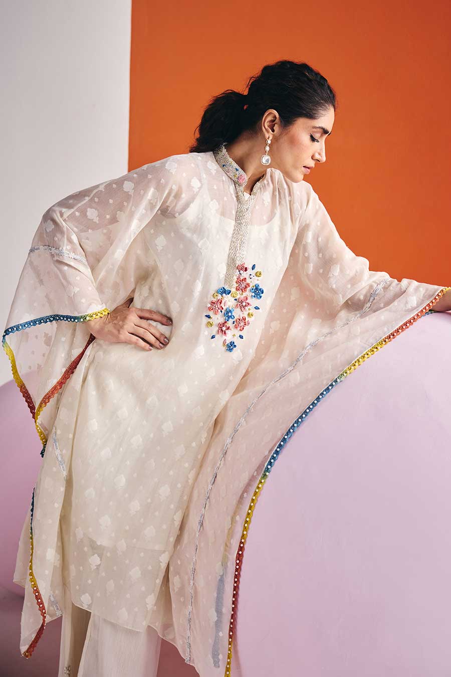 Ivory Jacquard Embroidered Kaftan Kurta & Pant Set