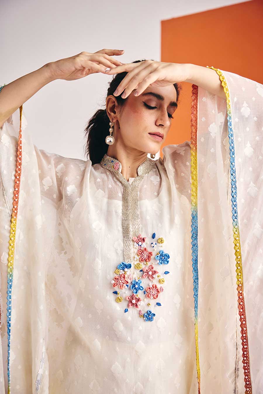 Ivory Jacquard Embroidered Kaftan Kurta & Pant Set