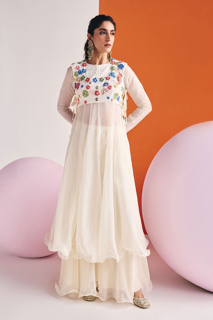 Ivory Anarkali & Pant With Embroidered Jacket Set