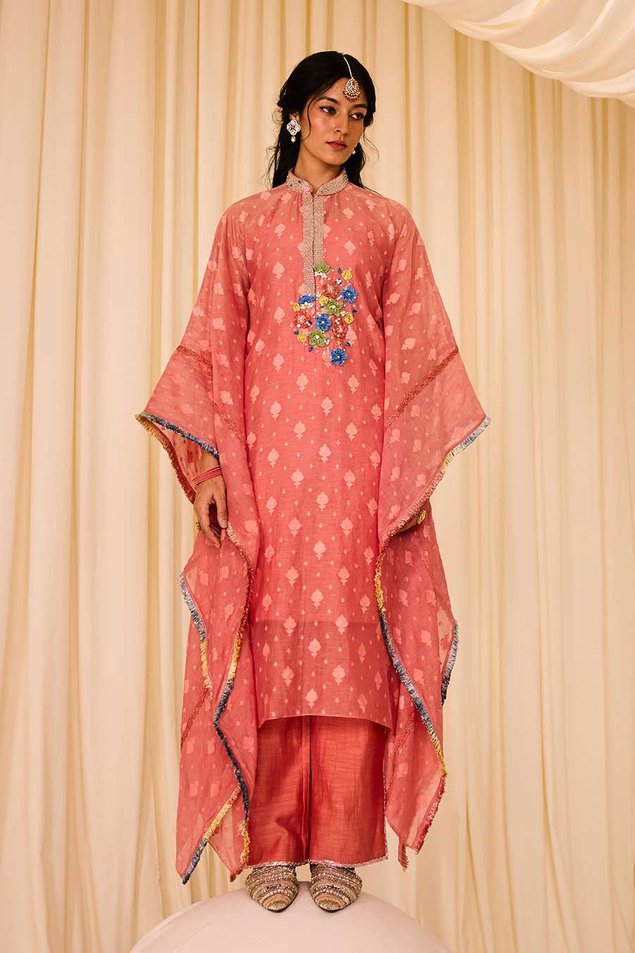 Pink Jacquard Embroidered Kaftan & Pant Set