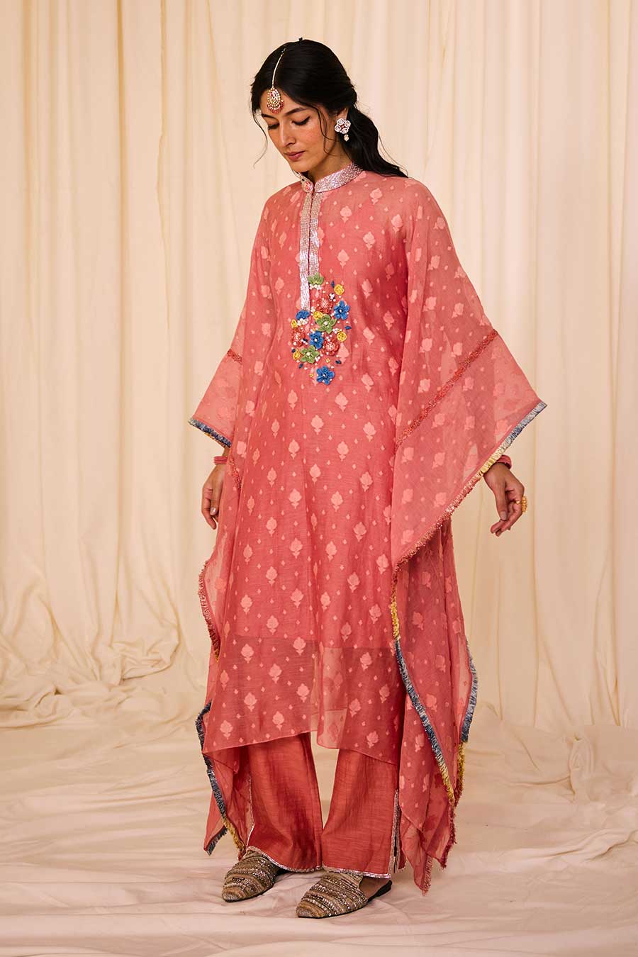 Pink Jacquard Embroidered Kaftan & Pant Set