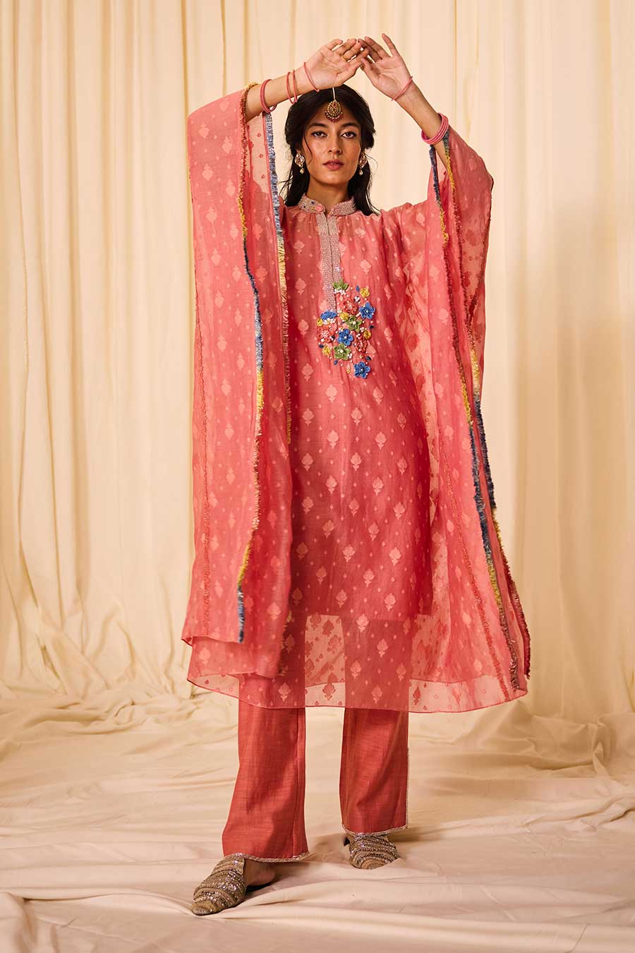 Pink Jacquard Embroidered Kaftan & Pant Set