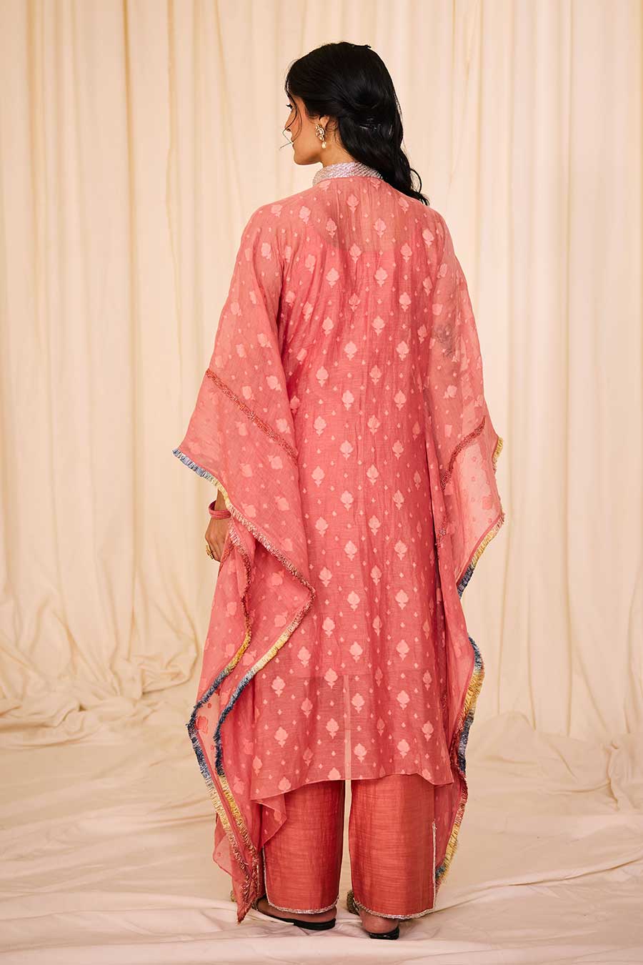 Pink Jacquard Embroidered Kaftan & Pant Set