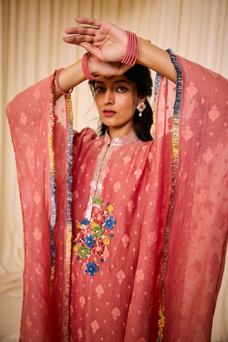 Pink Jacquard Embroidered Kaftan & Pant Set