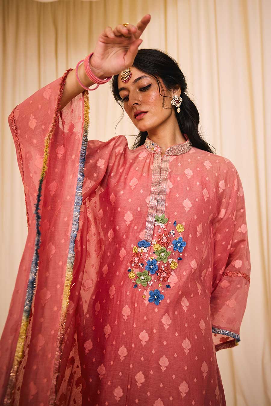 Pink Jacquard Embroidered Kaftan & Pant Set