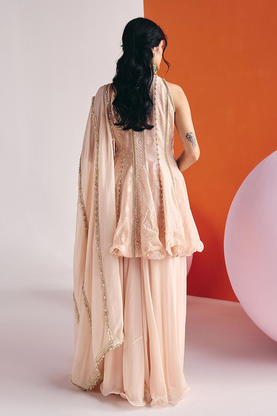 Beige Jacquard Embroidered Short Angrakha Set