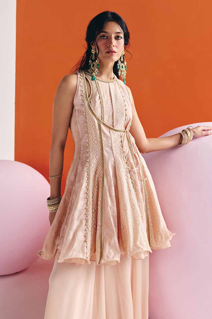 Beige Jacquard Embroidered Short Angrakha Set