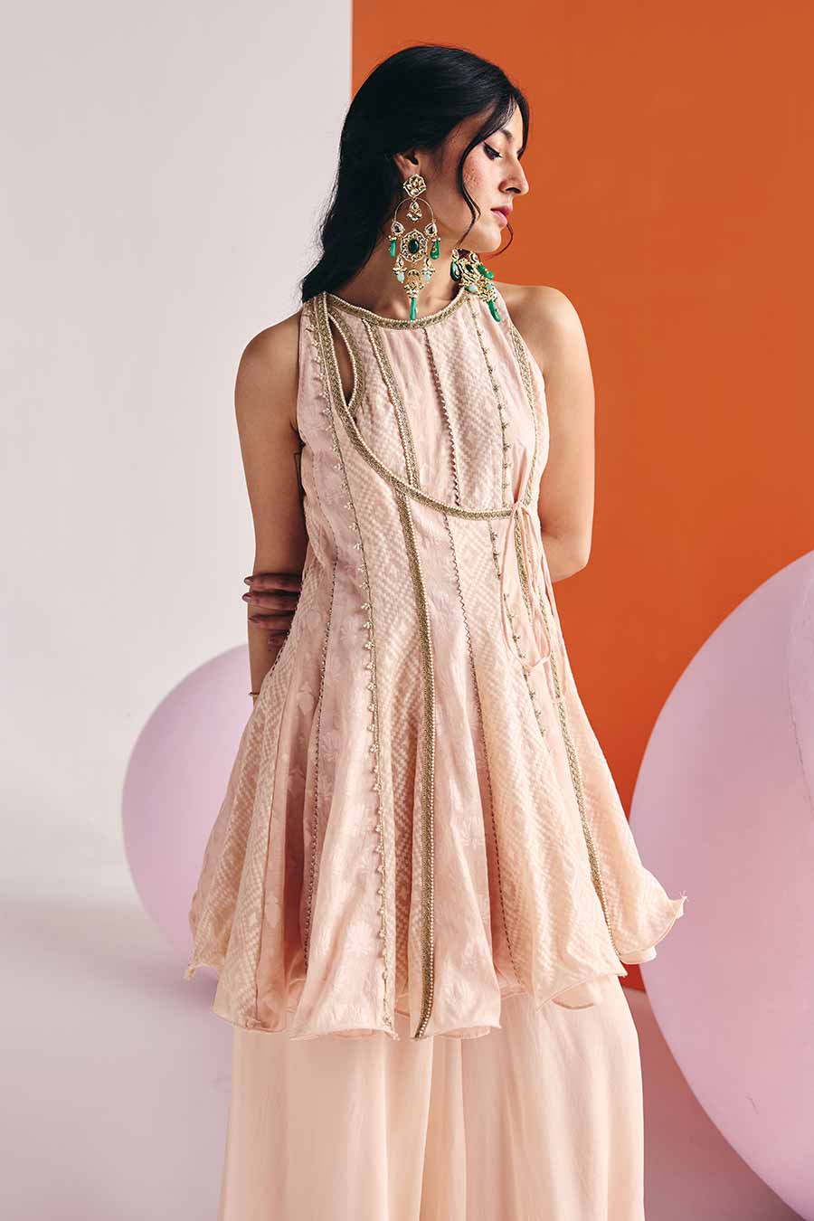 Beige Jacquard Embroidered Short Angrakha Set
