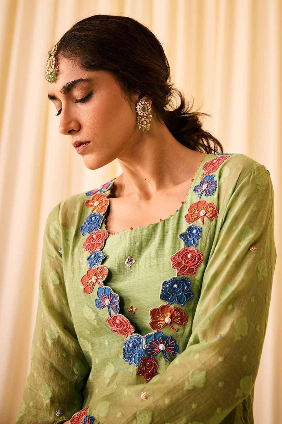 Green Jacquard Embroidered Slip Kurta Set