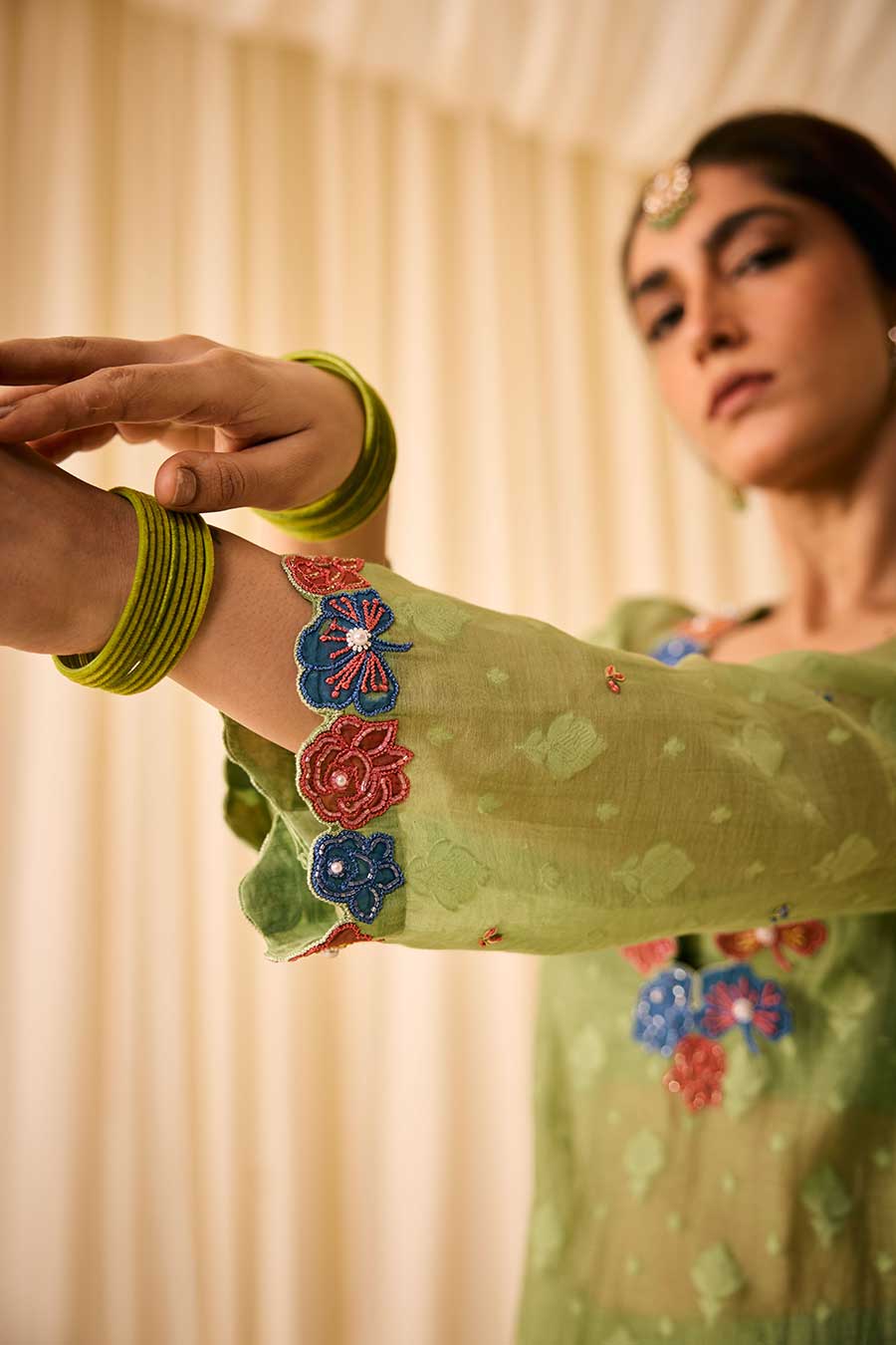 Green Jacquard Embroidered Slip Kurta Set