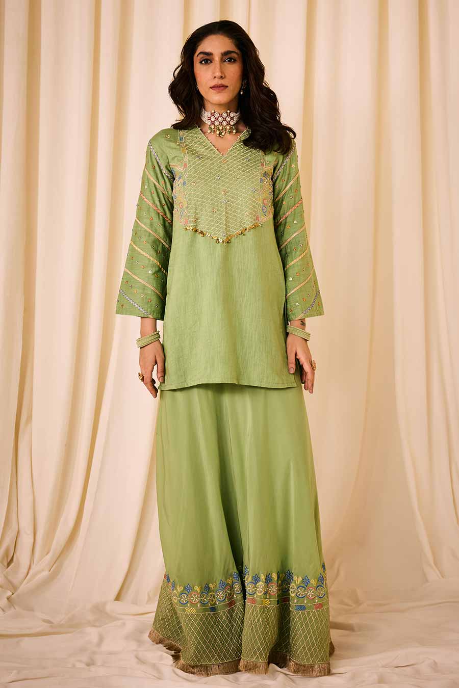 Green Embroidered Short Kurta & Lehenga Set