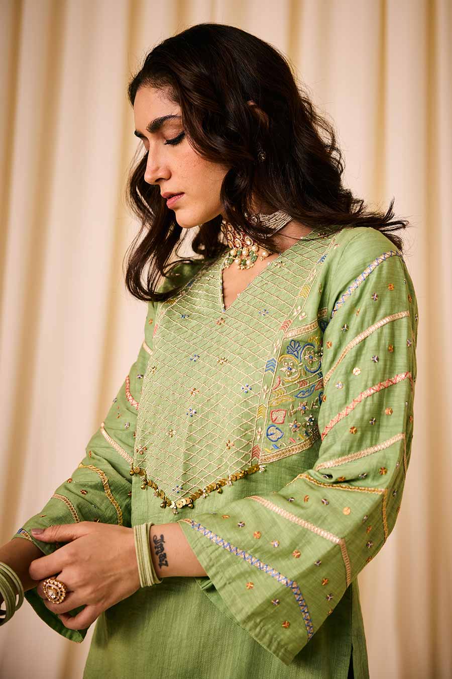 Green Embroidered Short Kurta & Lehenga Set