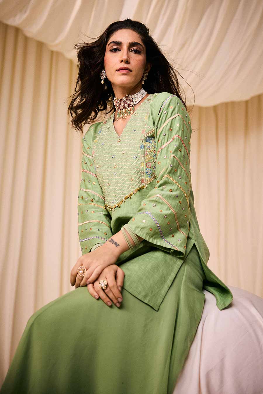 Green Embroidered Short Kurta & Lehenga Set