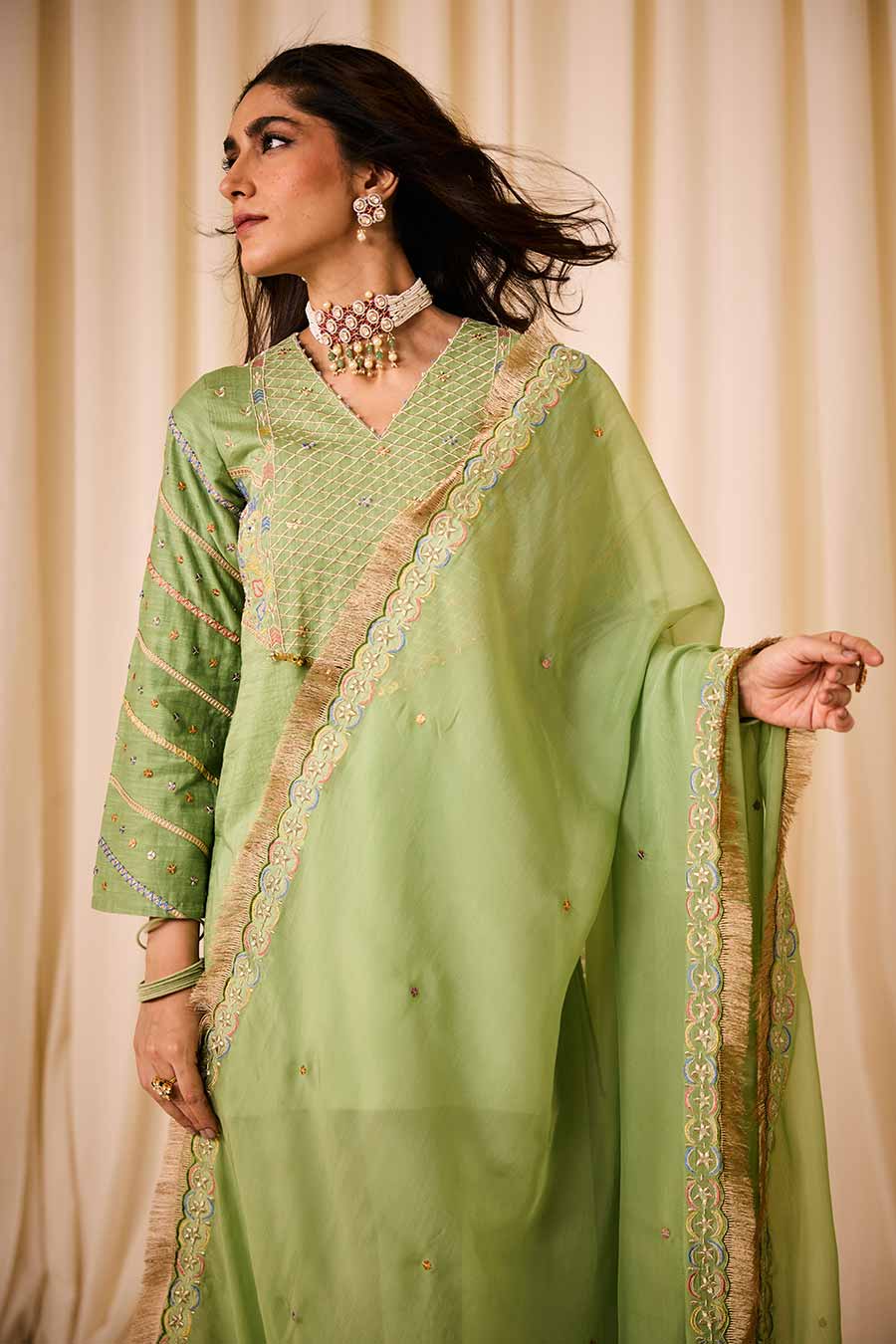 Green Embroidered Short Kurta & Lehenga Set