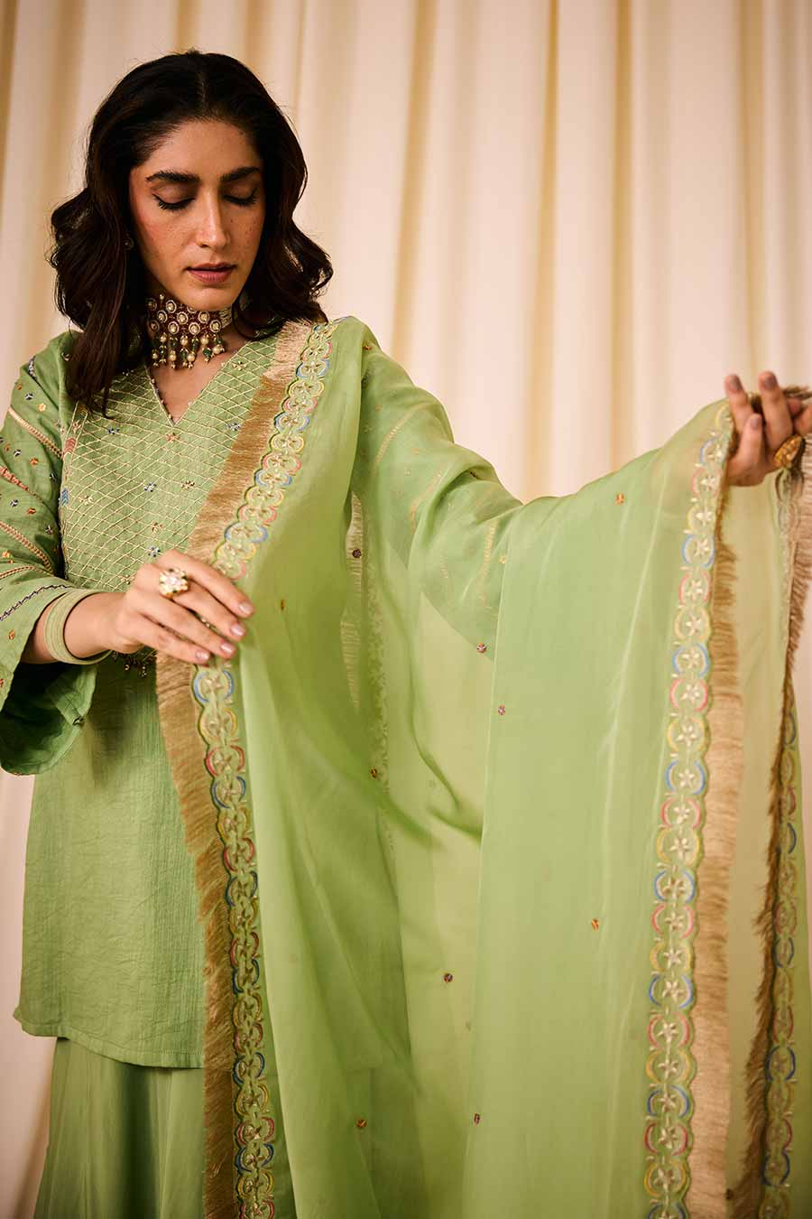 Green Embroidered Short Kurta & Lehenga Set