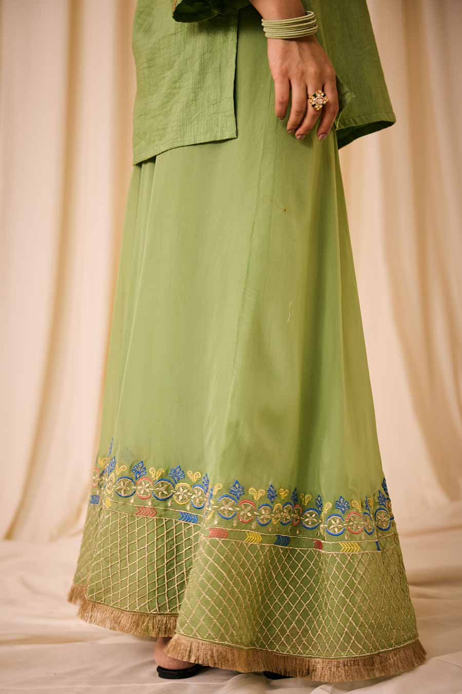 Green Embroidered Short Kurta & Lehenga Set