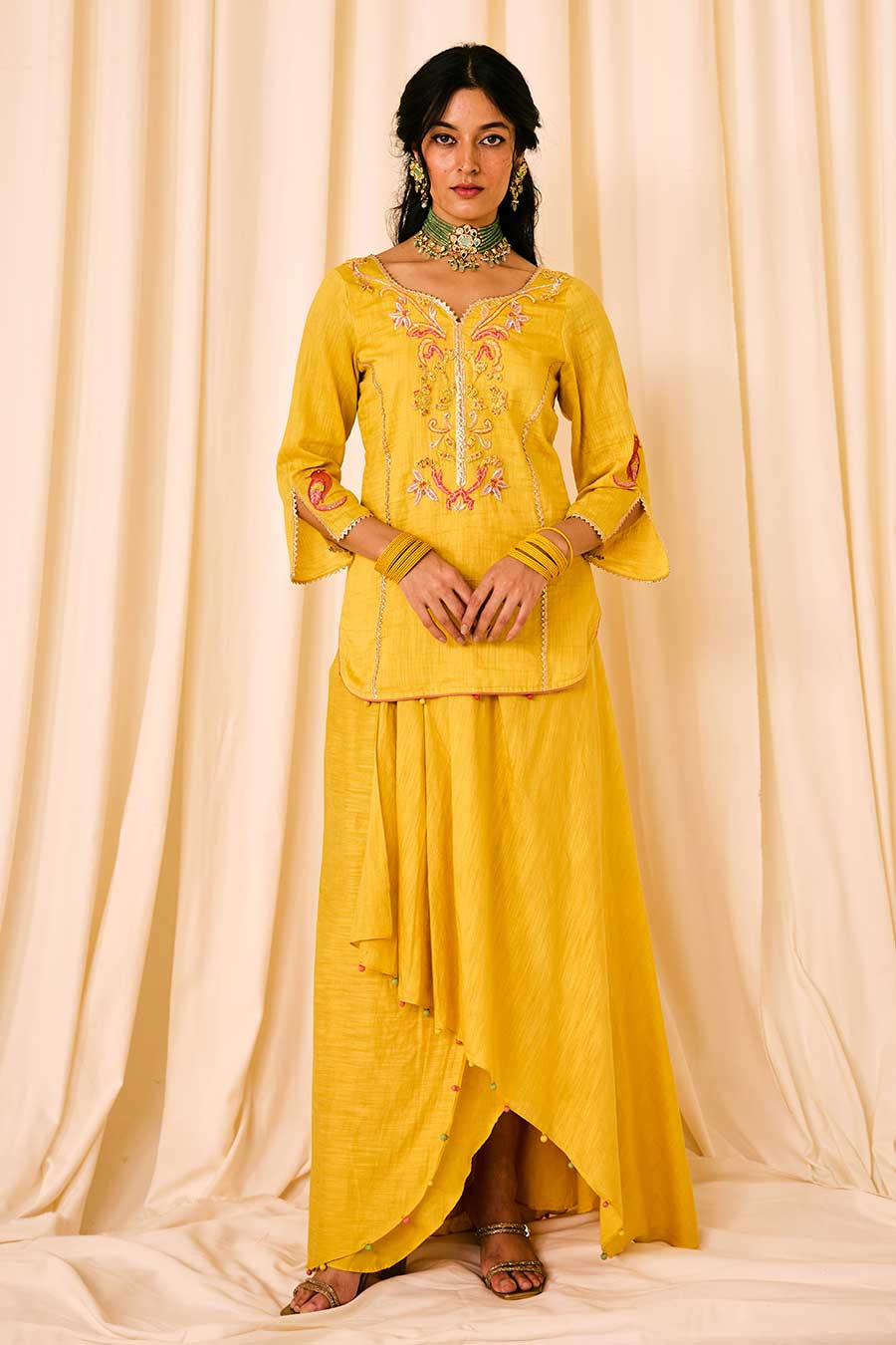 Yellow Embroidered Kurta & Draped Skirt Set