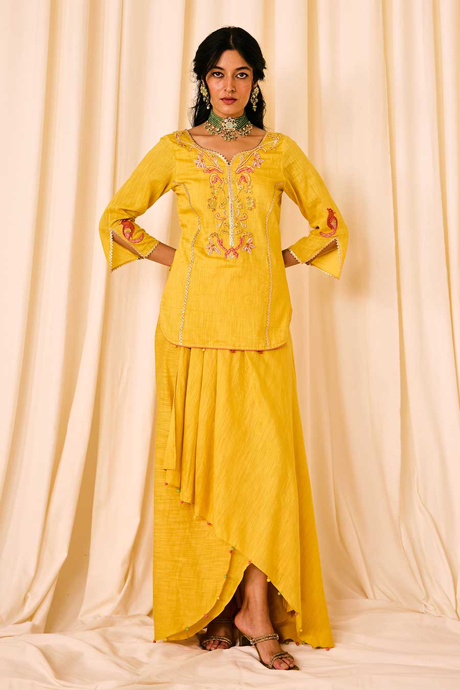 Yellow Embroidered Kurta & Draped Skirt Set