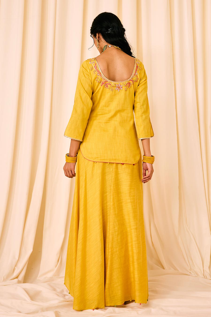Yellow Embroidered Kurta & Draped Skirt Set