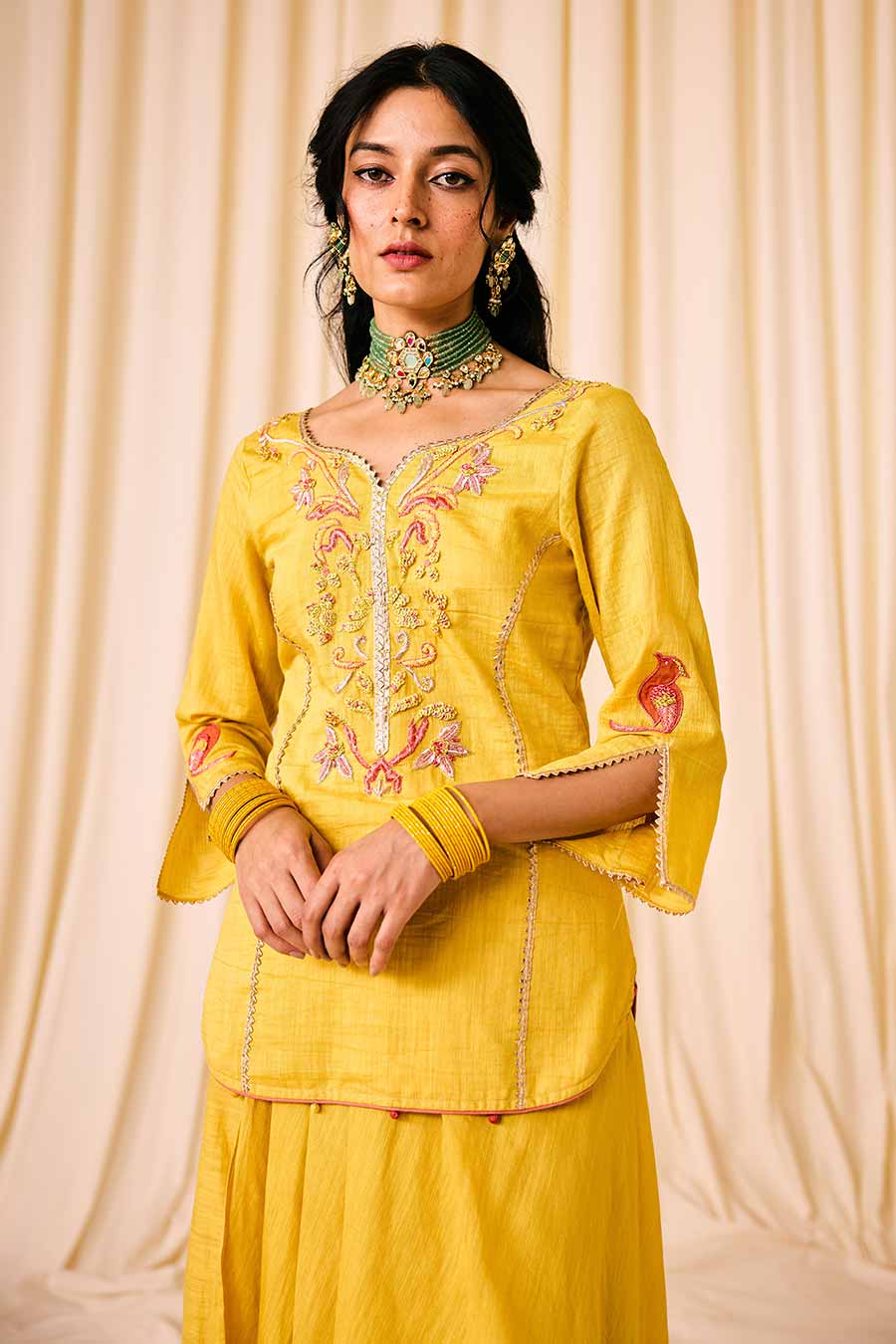 Yellow Embroidered Kurta & Draped Skirt Set