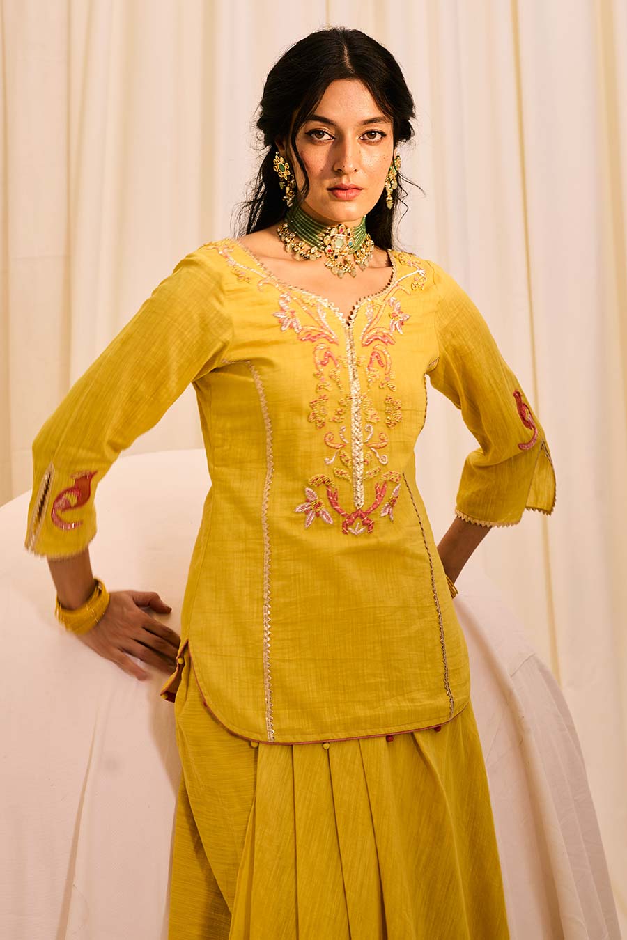 Yellow Embroidered Kurta & Draped Skirt Set