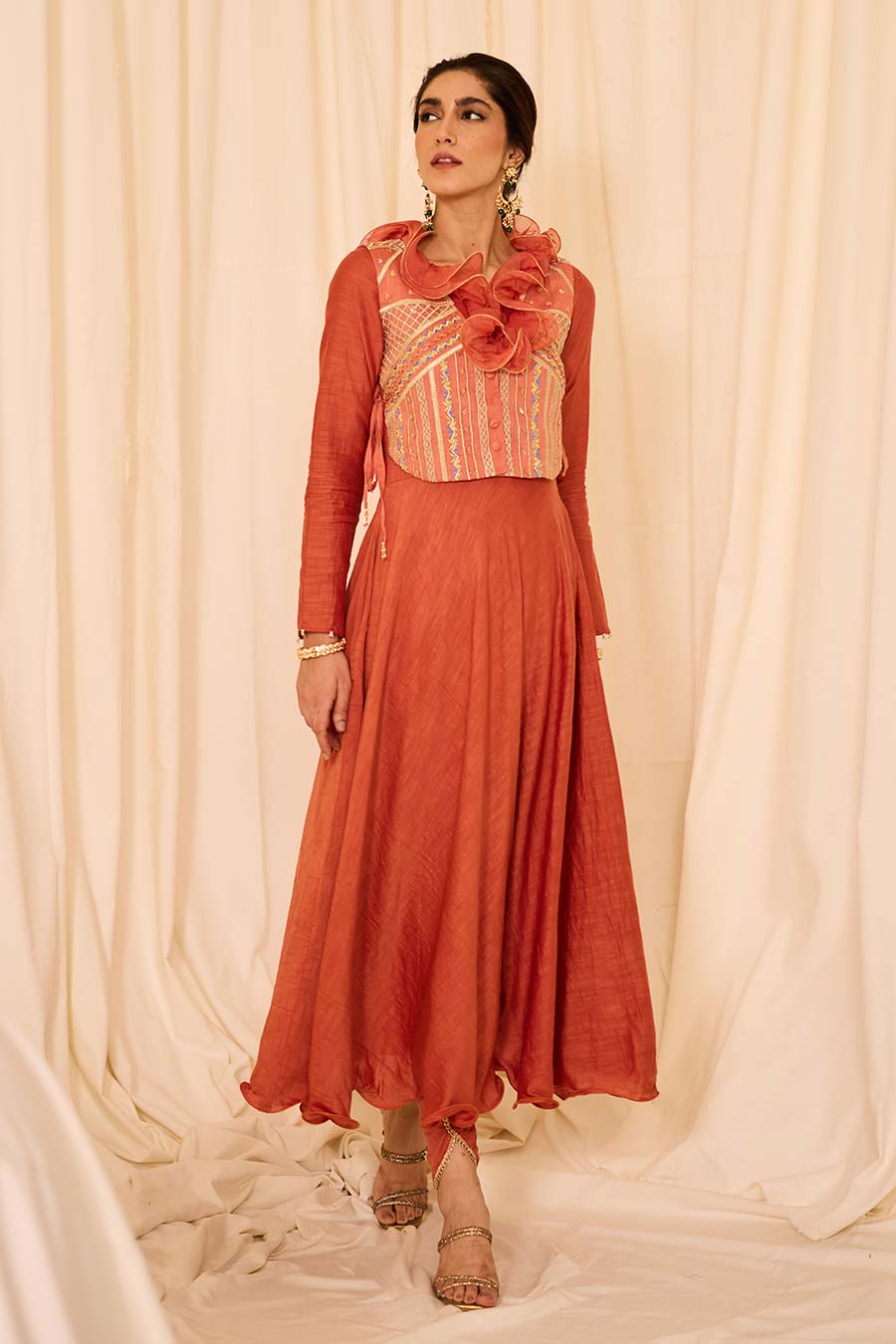 Peach Embroidered Anarkali & Pant With Jacket Set