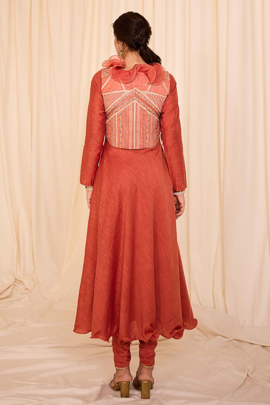 Peach Embroidered Anarkali & Pant With Jacket Set